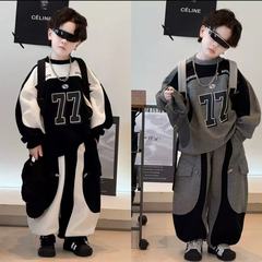 儿童韩版套装2025新款美式机车风拼接卫衣百搭休闲裤子两件套潮酷