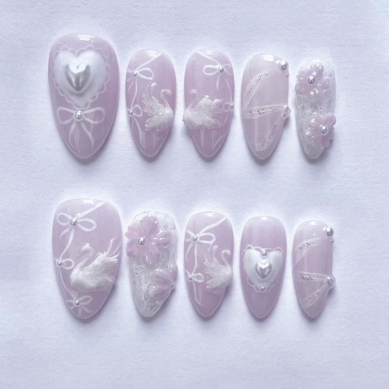 Luxurious 3D Stereo White Swan Wearable Nails Heart Bow Manicure Nails Short Almond Shaped Fake Nails Luxurious 3D Stereo White Swan Wearable Nails Heart Bow Manicure Nails Short Almond Shaped Fake Nails