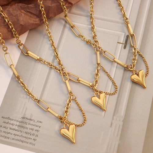 Elegant European and American Style Heart Love Necklace Instagram Style Set of Earrings and Necklace, Titanium Steel 18k Gold Heart Earrings and Necklace Set