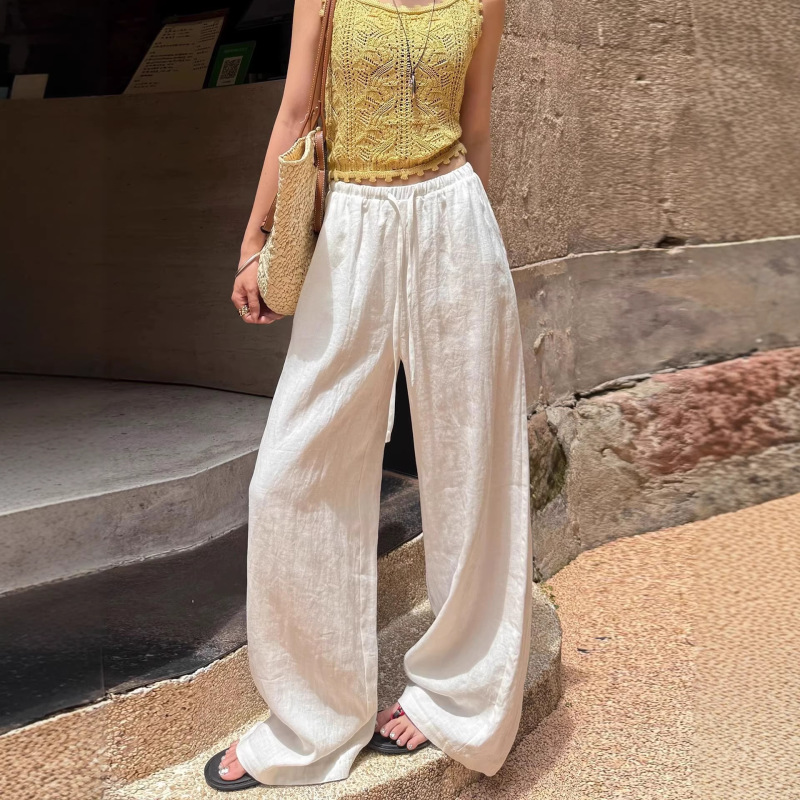 White Cotton-Linen Wide-Leg Pants, Loose Linen Pants for Women, Long Pants, Thin Summer Style for Petite Women, Straight Casual Pants