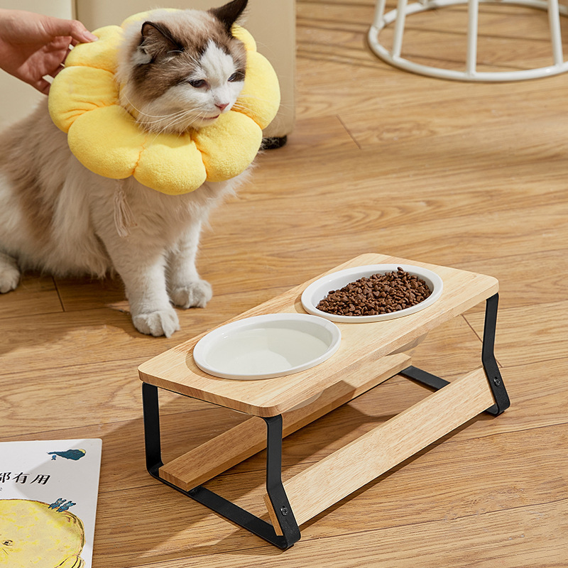 Ceramic Cat Bowl Protects Cervical Spinee and Prevents Overturning Cat Food Bowl Water Bowl Pet Bowl Holder Ceramic Cheap Double Bowl Ironwood Bracket