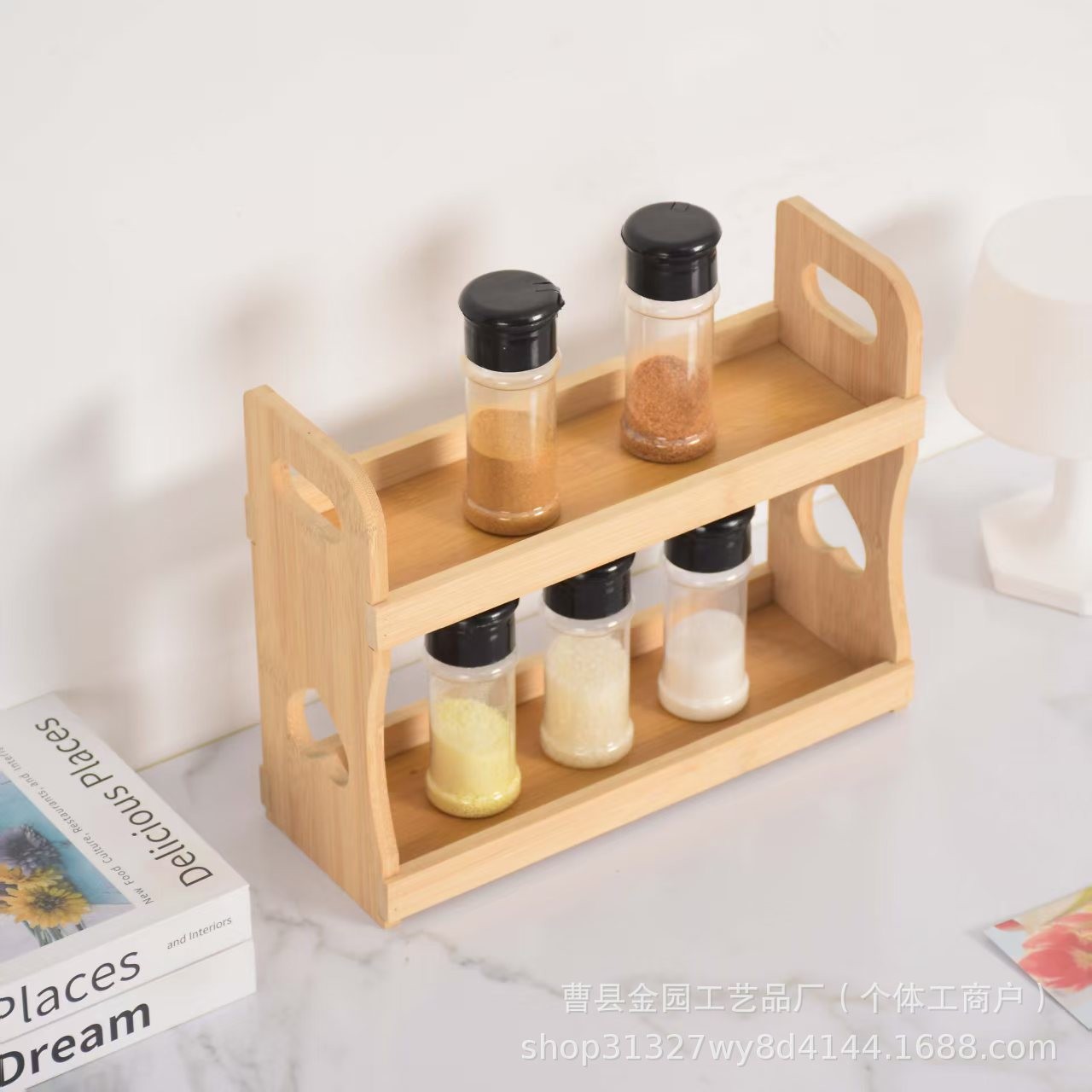 Spot bamboo kitchen spice rack bamboo storage rack desktop double-layer portable solid wood storage rack multi-layer storage rack