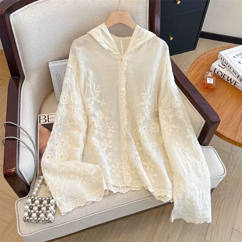 Korean White Embroidered Crochet Hooded Shirt for Women 2025 Summer Casual Versatile Loose Long-Sleeved Cardigan Top Korean White Embroidered Crochet Hooded Shirt for Women 2025 Summer Casual Versatile Loose Long-Sleeved Cardigan Top