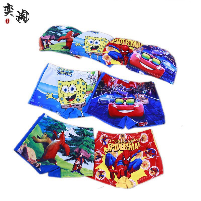 2019年新款儿童平角泳裤中小男童宝宝温泉游泳裤印花卡通带泳帽