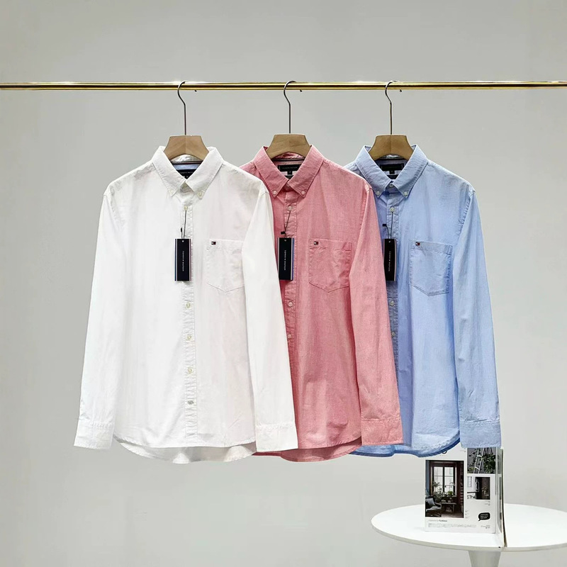 Spring and Autumn Tommy Men's Long-Sleeved Shirt Business Casual Solid Color Embroidered Versatile Shirt