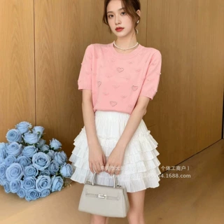 2026夏季新款圆领针织衫短袖女装钉珠显瘦甜美减龄上衣