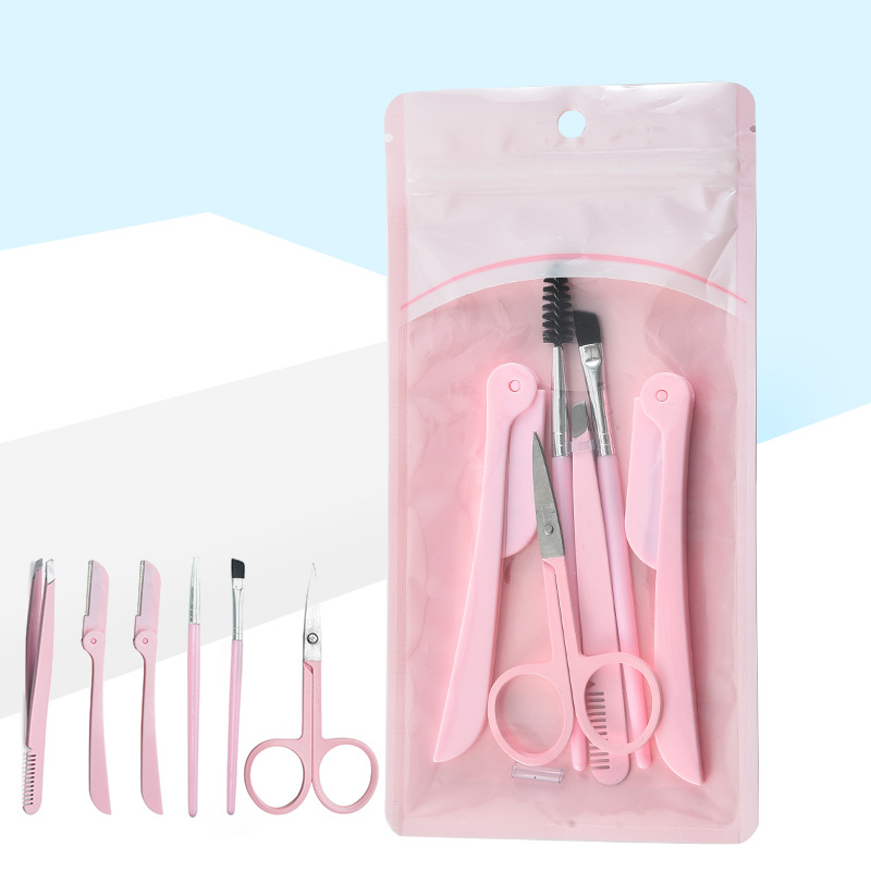 6-piece eyebrow shaping and contouring set, eyebrow trimmer, eyebrow scissors, eyebrow tweezers, eyebrow brush, eyebrow trimming set