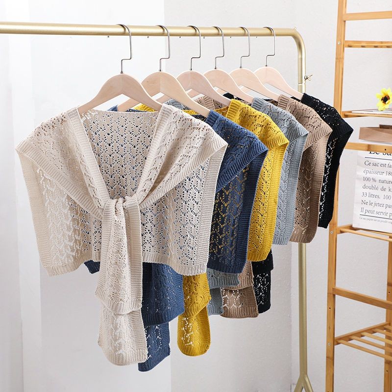 Spring and Autumn Scarf Shawl for Women, Summer Air-Conditioned Room Hollow-Out Shoulder Cover, Versatile Knitted Fake Collar