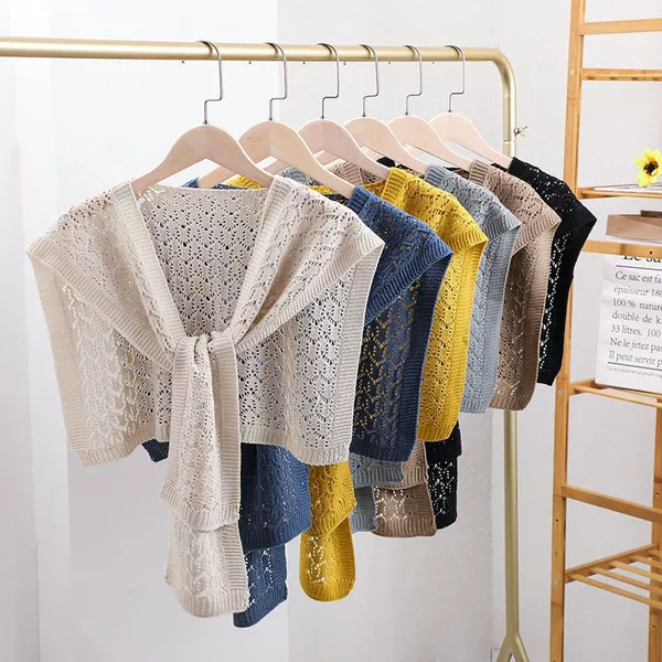 Spring and Autumn Scarf Shawl for Women, Summer Air-Conditioned Room Hollow-Out Shoulder Cover, Versatile Knitted Fake Collar