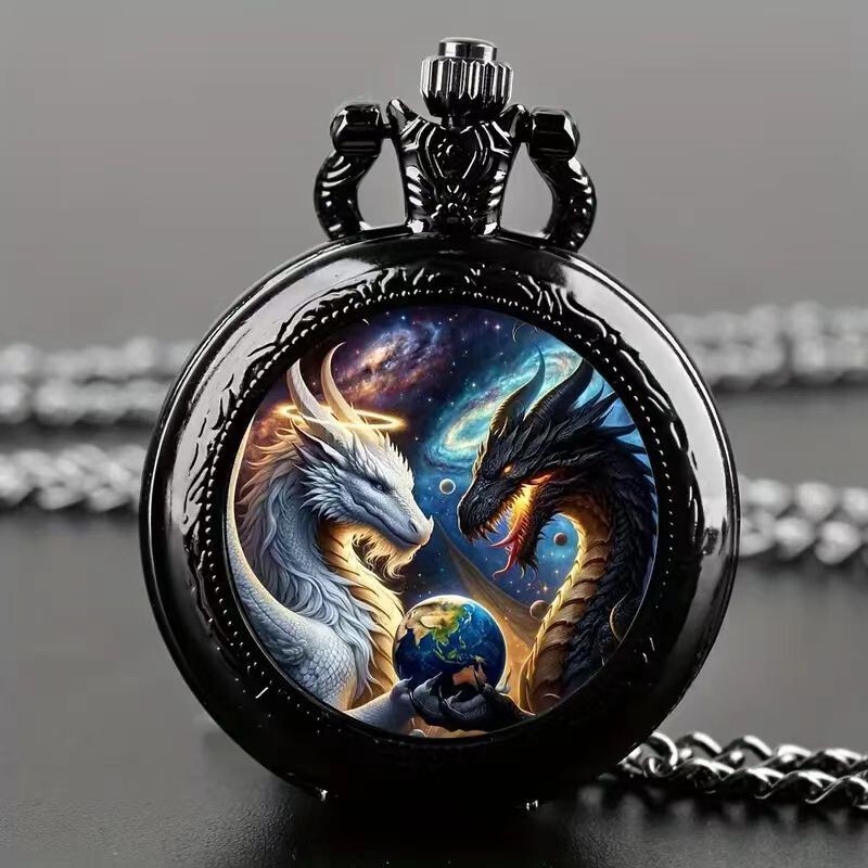 Color Pattern Medium Pocket Watch Vintage Flip Cover Decorative Necklace Watch Personalized Trendy Quartz Watch Cross-border for Men and Women Students