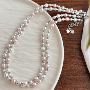 Guofeng Retro Pink White Tone high quality Faux Pearl Gomono Clavicle Chain Necklace