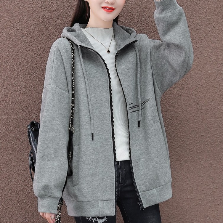 Casual Style Zip-Up Hooded Sweatshirt for Women, 2025 Autumn and Winter New Mid-Length Fleece-Lined Thickened Korean-Style Jacket