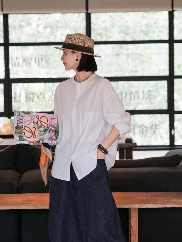 日系 新品高支高密纯棉立领宽松休闲百搭长袖衬衫|undefined