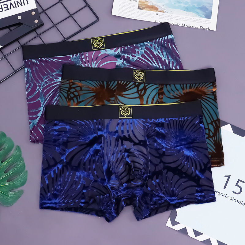 Sqinusqn/Lion Qino Cross-Border Wholesale Men's Underwear Sexy Antibacterial Velvet Mesh Mid-Waist Boxer Briefs