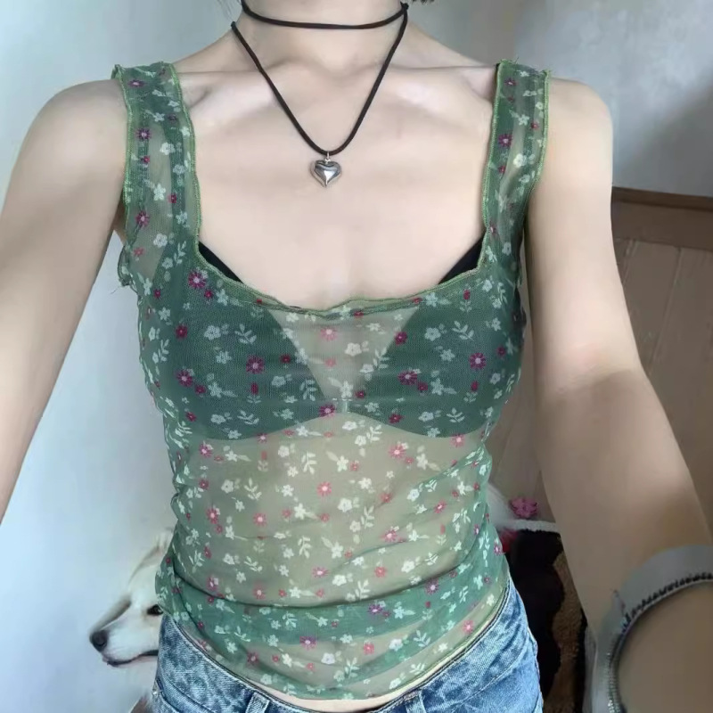 Forest Style Mesh Small Floral See-throUgh Layered Camisole for Women Retro Slightly See-throUgh FUngUs-edged U-neck Short Top SUmmer