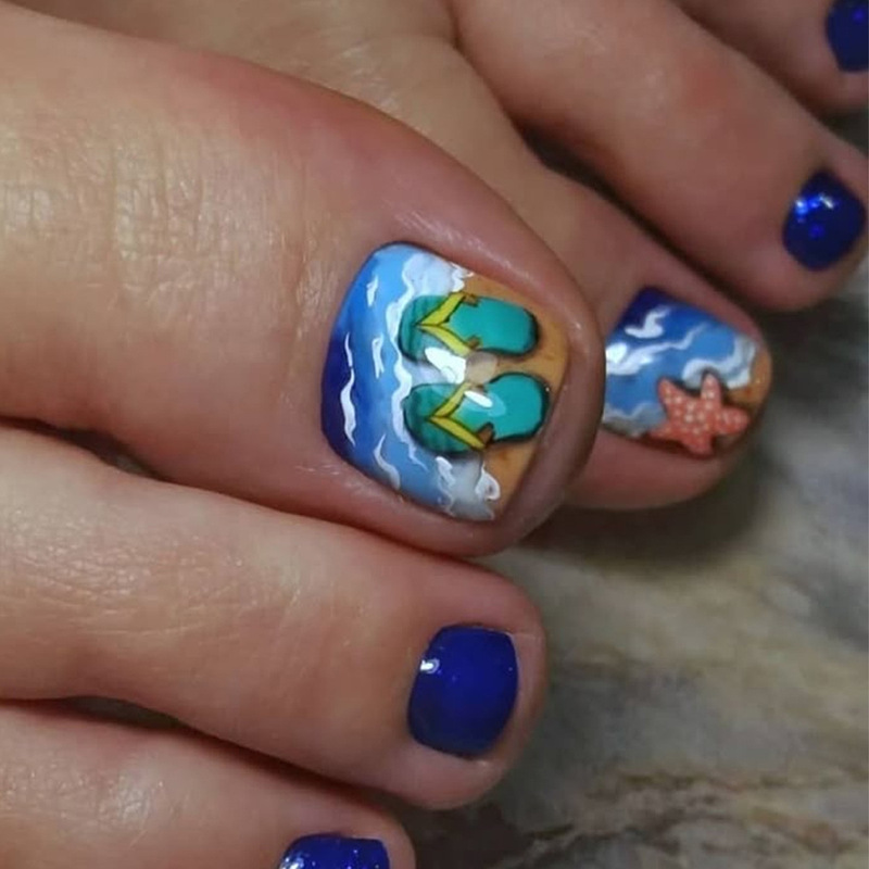 Summer Waves Beach Starfish Slippers Design Nail Stickers Wear Nail Toenail Pieces Detachable Nail Pressing Pieces