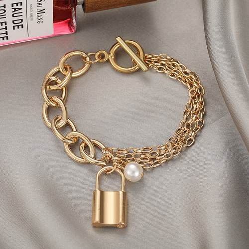 欧美个性时尚镂空金属元素脚饰女复古小锁挂件脚链珍珠吊坠脚链