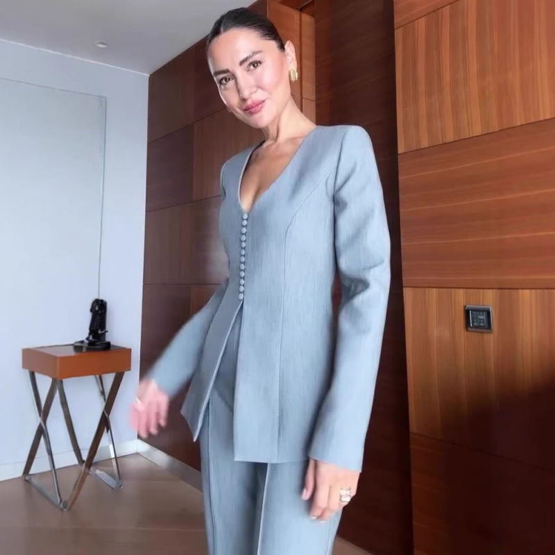 2025秋季新款欧美亚马逊跨境外贸女装v领气质修身浅蓝色西服套装|undefined