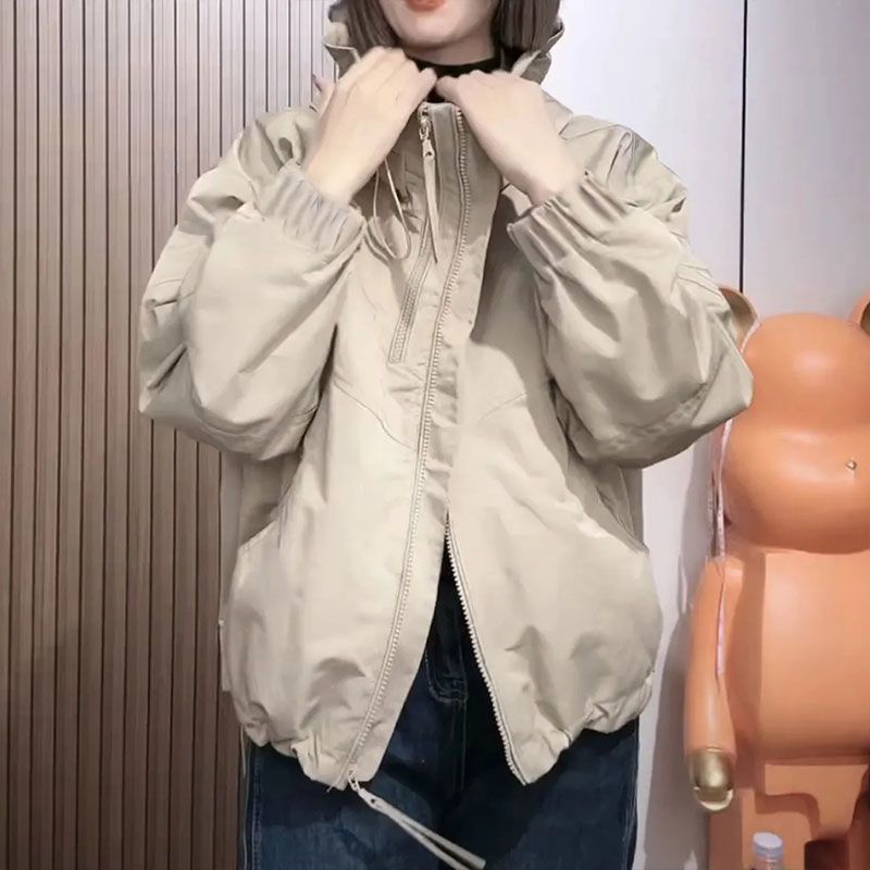秋冬新款拉链连帽冲锋衣女外套双拉链工装短外套宽松风衣棉服潮