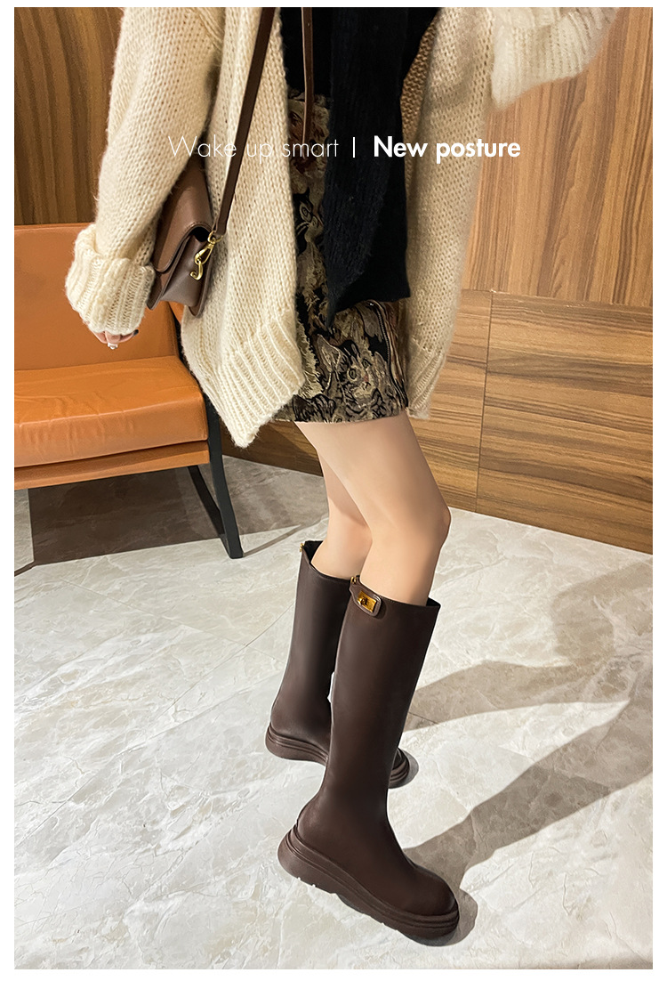 150 short stature with less than knee height, women's new round headed brown plush knight boots for autumn and winter_voghion.com