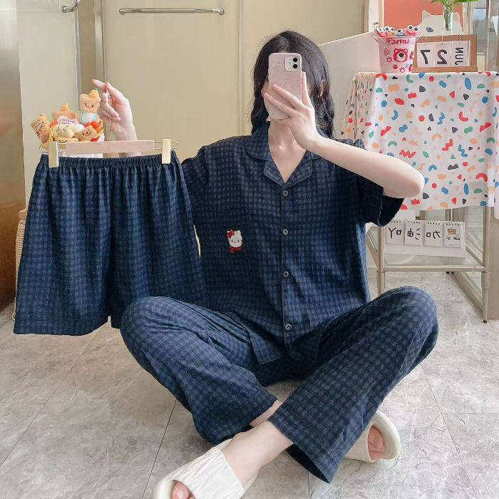 Venta al por mayor transfronteriza 120g pijamas de algodón de nube de verano de manga corta para mujer pantalones cortos de algodón de nube de verano de tres piezas servicio a domicilio de dibujos animados