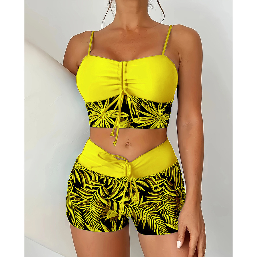High Waist Lace up Print Swimsuit for Women Split Boxer Style Solid Color Splicing Design European American Foreign Trade 2024 Large Size_ecoleips.com