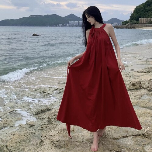 Double pockets design, holiday style, sleeveless red dress, women's 2025 new summer seaside lace long dress