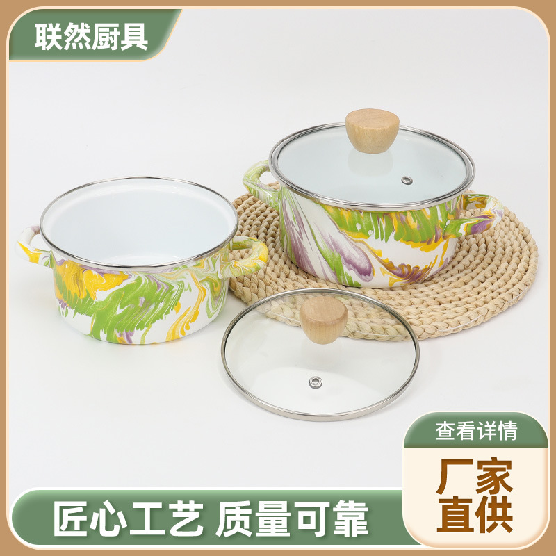 Creative Flowing Color Edge Double-Eared Soup Pot, Flowing Color Pot, Enamel Health Pot, Electric Ceramic Stove, Heatable Instant Noodle Bowl, Milk Pot