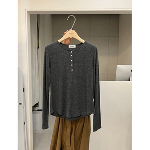 Now 2025 New Autum Korean Designer Lazy and Intellectual Elegant Buttoned Round Neck Long-Sleeved Bottoming T-Shirt