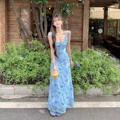 ブルーローズ気質ドレス女性の夏の2025新しい甘いスタイルフラワープリントスリムAラインロングスカート