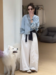 超火穿搭一整套韩系慵懒宽松长袖衬衫高腰显瘦休闲阔腿裤套装