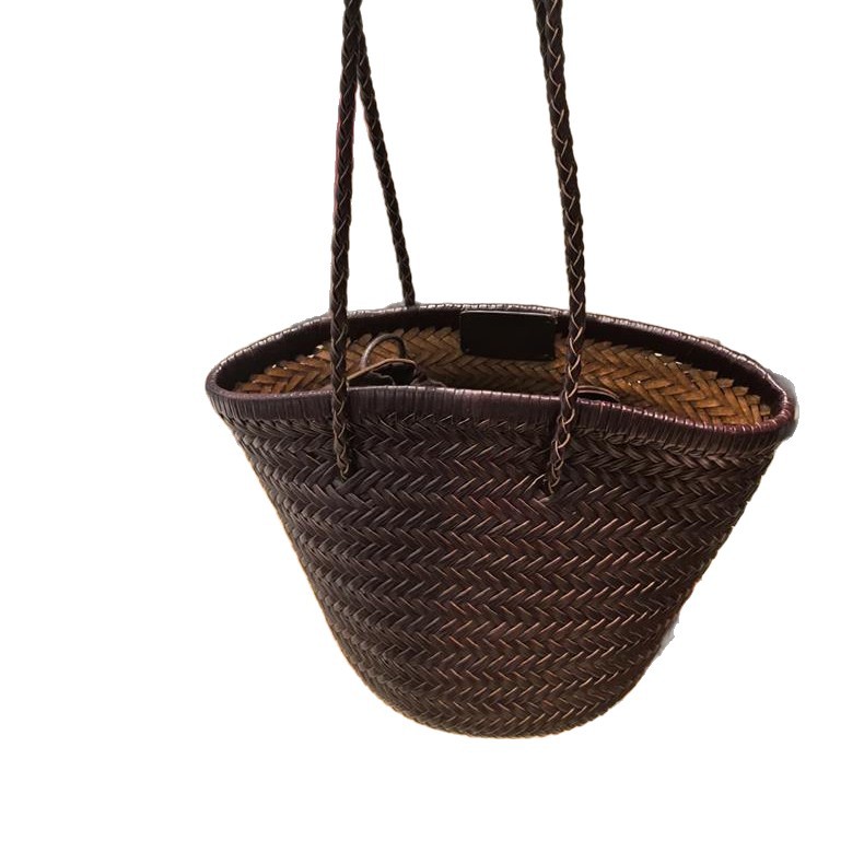 Genuine Leather Hand-Woven Basket Bag For Women - Luxury Vintage Artistic Shoulder Bag, Large Capacity Vacation Style Tote - Thumbnail 5