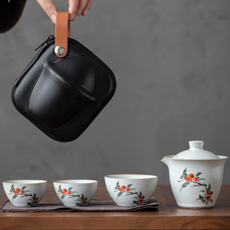 Moon White Ru Kiln Quick Cup One Pot Two Cups Three Cups Travel Tea Set Portable Outdoor Office Single Person Tea Brewing