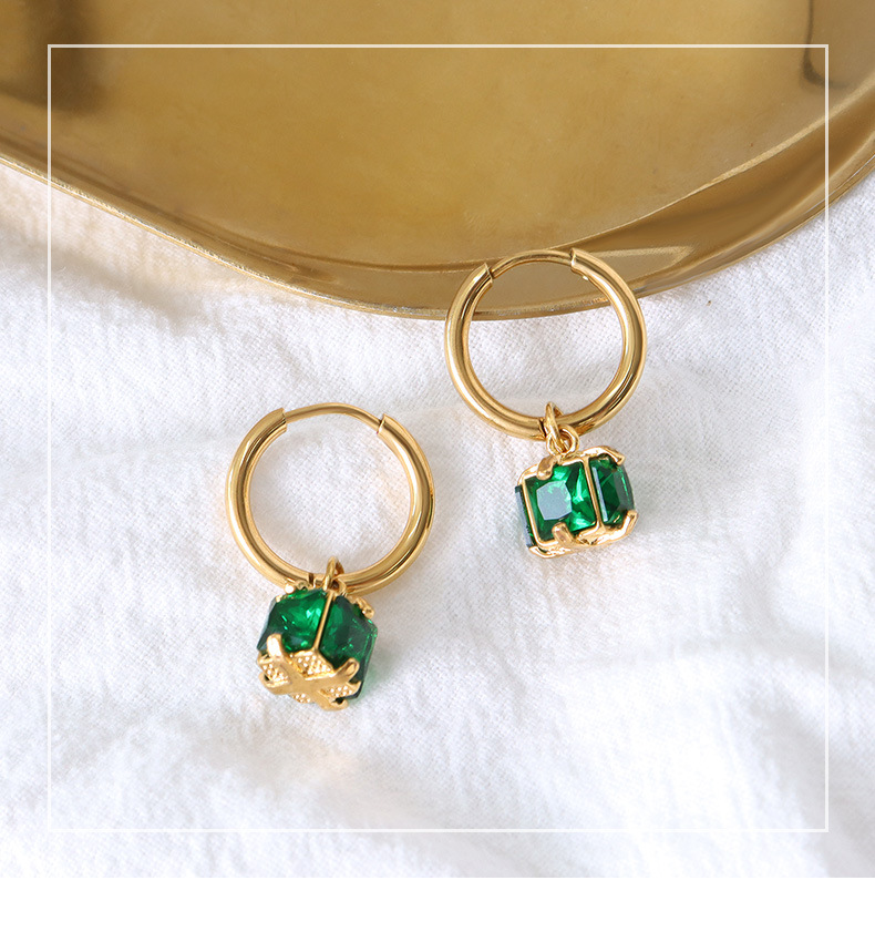 30g Weight Wedding, Travel Occasion European And American Compact Four-sided Emerald Zircon Ttanium Steel Plated Earrings