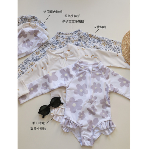 Girls swimsuit summer baby ins style floral one-piece swimsuit girls long-sleeved sun protection quick-drying swimsuit wholesale