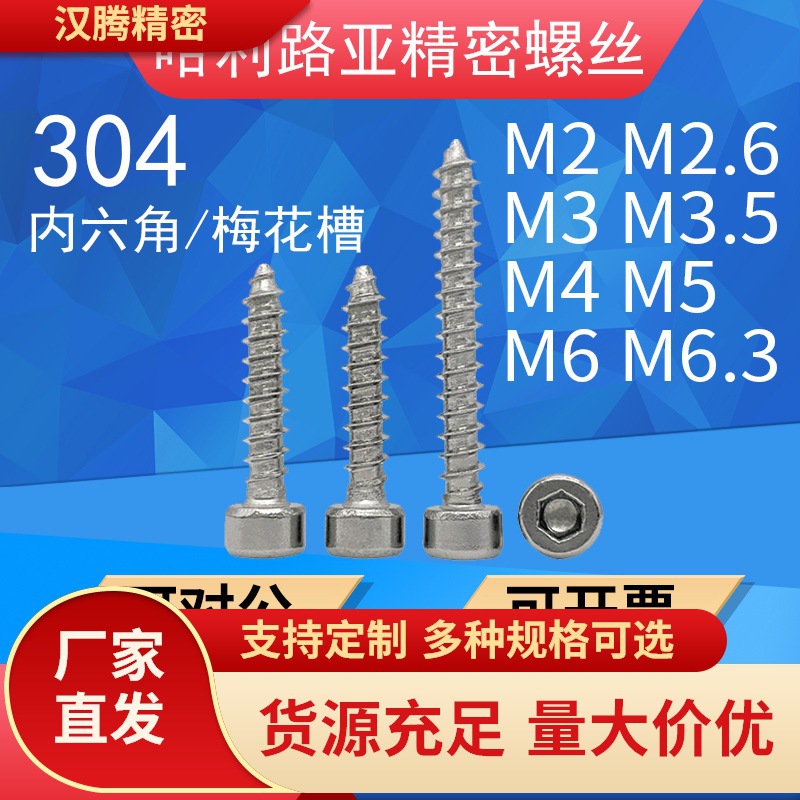 不锈钢圆柱头内六角自攻螺丝杯头自攻钉尖尾梅花平尾自攻M2-M6.3