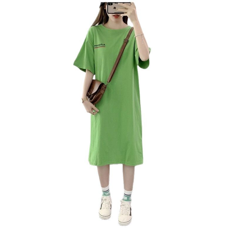 ピュアコットン 2025 新しい夏の女性用半袖ドレス、ゆったりとした大きいサイズのアウターウェア、レイジー T シャツ、スカート、膝上丈|undefined