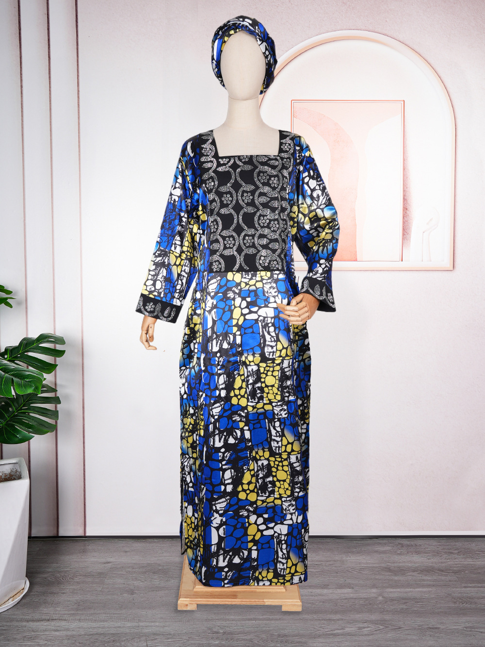 Middle East Bestseller Crystal Satin Printed Dress With Headscarf And Rhinestones, African Plus Size Women's_ecoleips.com