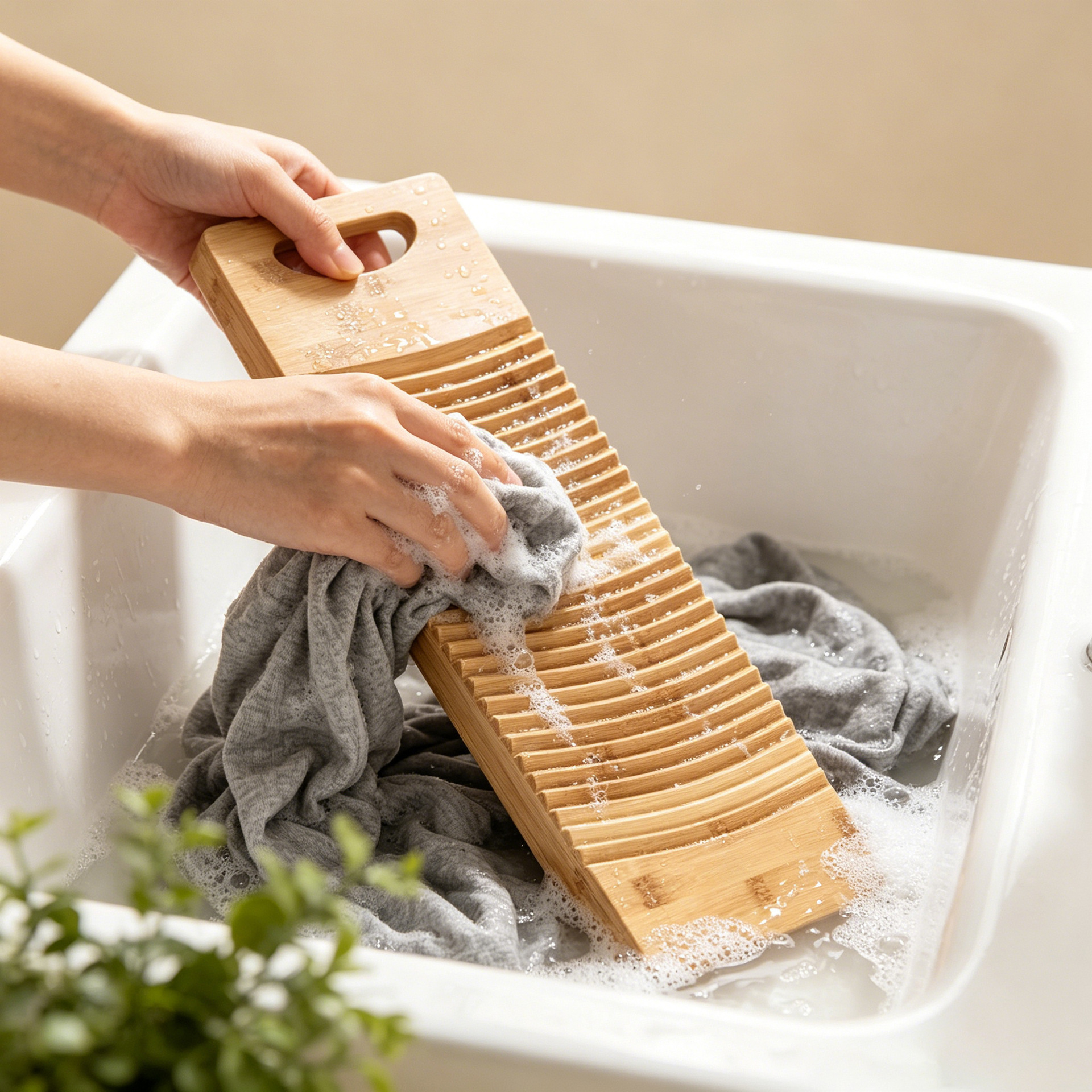 Thickened Bamboo Washboard, Non-Slip Hand Washing Board, Large Water-Collecting Curved Washboard, Kneeling Board