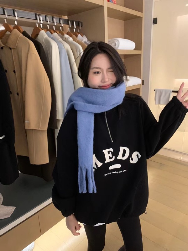 2024年秋冬季女装韩版宽松套头时尚半拉链卫衣外套撞色字母上衣|undefined