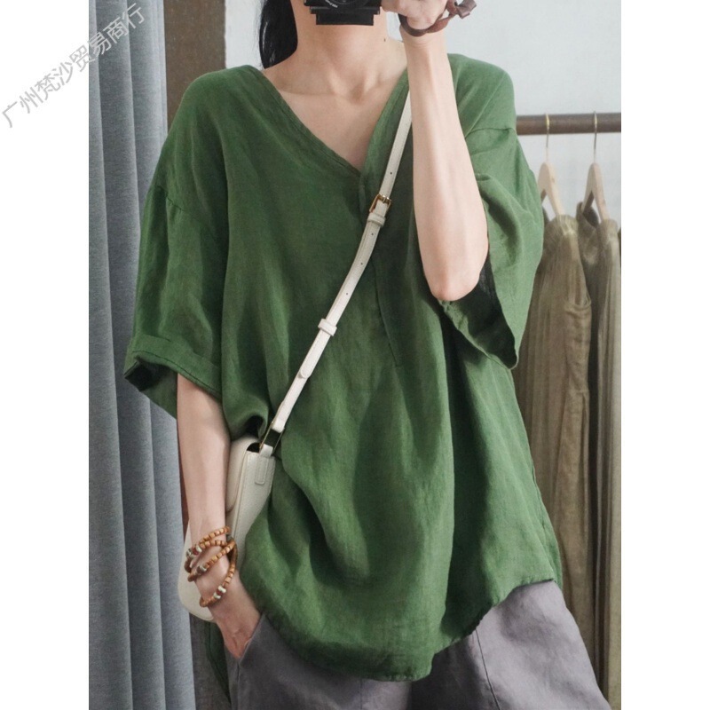 2024 Summer New Half Sleeve Casual Fat Women's Shirt Large Size Loose Cotton and Linen Top Women Pink Black