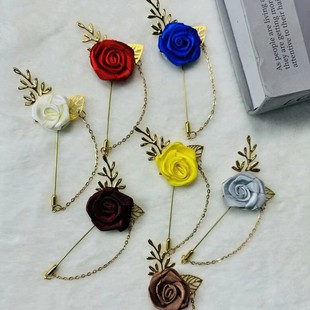 European and American Men's and Women's Same Style Suit Corsage, Korean Style Fabric Flower Sweater Brooch, Long Needle with Chain and Leaf Tassel