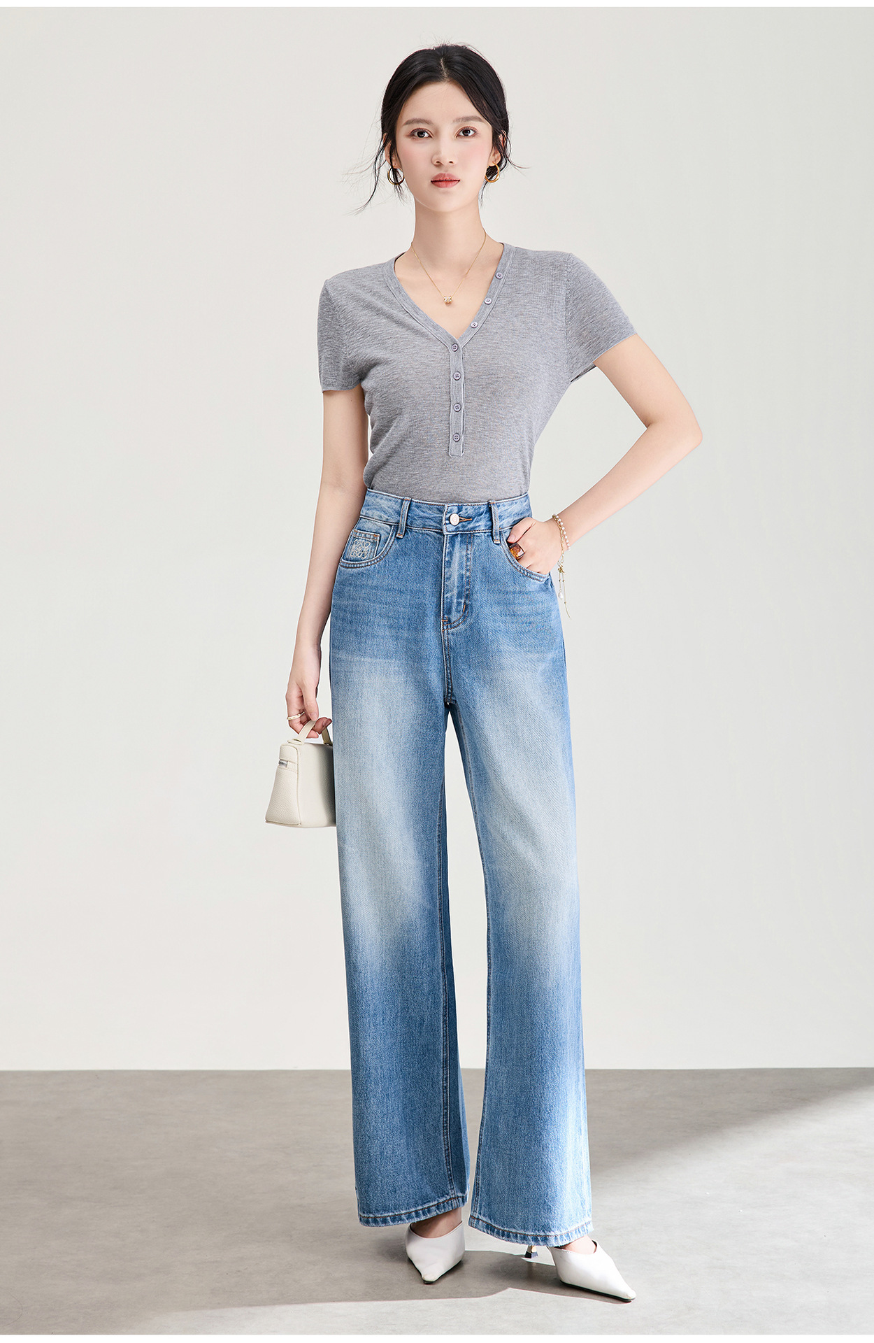 Quần jean ống rộng vải Tencel cotton phong cách retro, dáng suông rũ nhẹ mùa hè — xanh lam chi tiết 7
