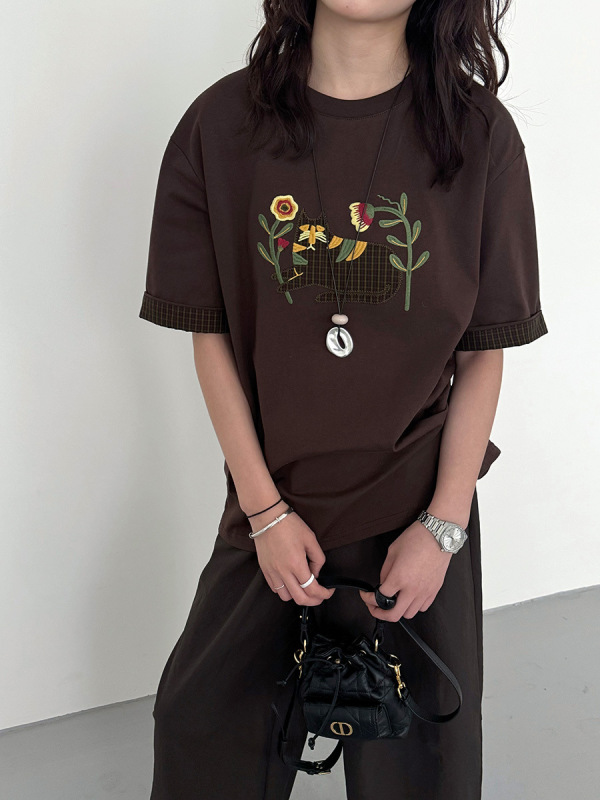 黎诺早秋新款韩系猫咪刺绣翻边短袖T恤女2025时尚减龄圆领上衣ins|undefined