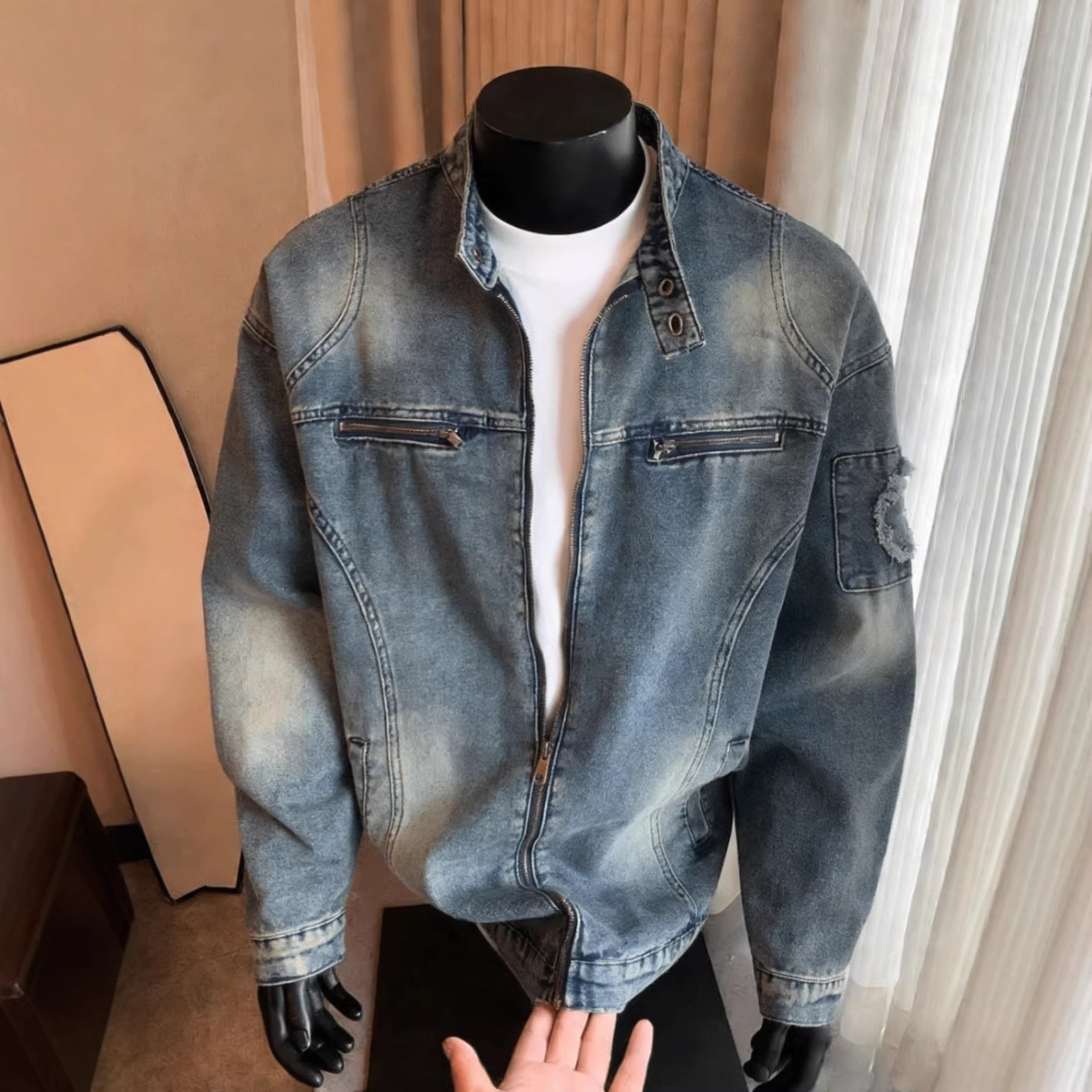 Motorcycle Denim Jacket For Men, Washed And Worn Trendy Brand Loose Casual Zipper Jacket_voghion.com