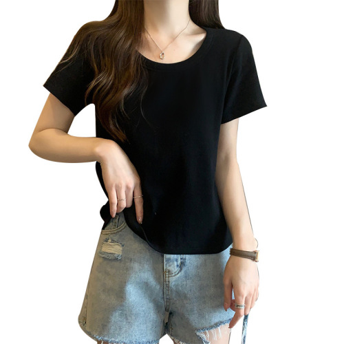 Plus-size women's summer short-sleeve French-style loose t-shirt with round neck, hiding belly, slimming black top for casual wear