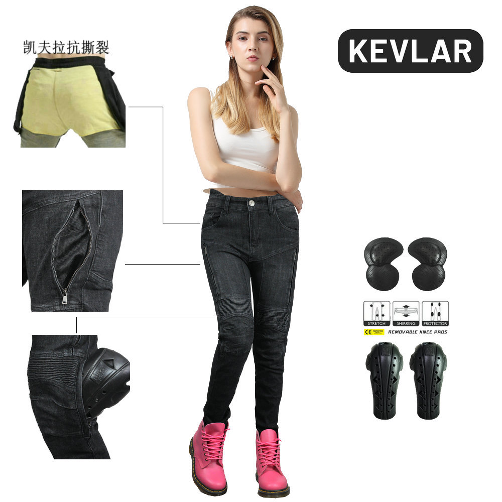 VOLERO motocicleta jeans Mujer verano malla transpirable de alta cintura motocicleta pantalones de montar Kevlar alargado equipo de protección