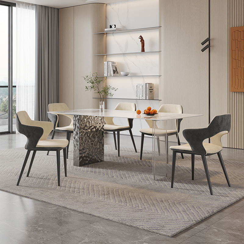 Luz de estilo italiano de lujo Rock placa mesa de comedor moderno simple rectangular hogar pequeño apartamento de acero inoxidable minimalista mesa de comedor de acrílico