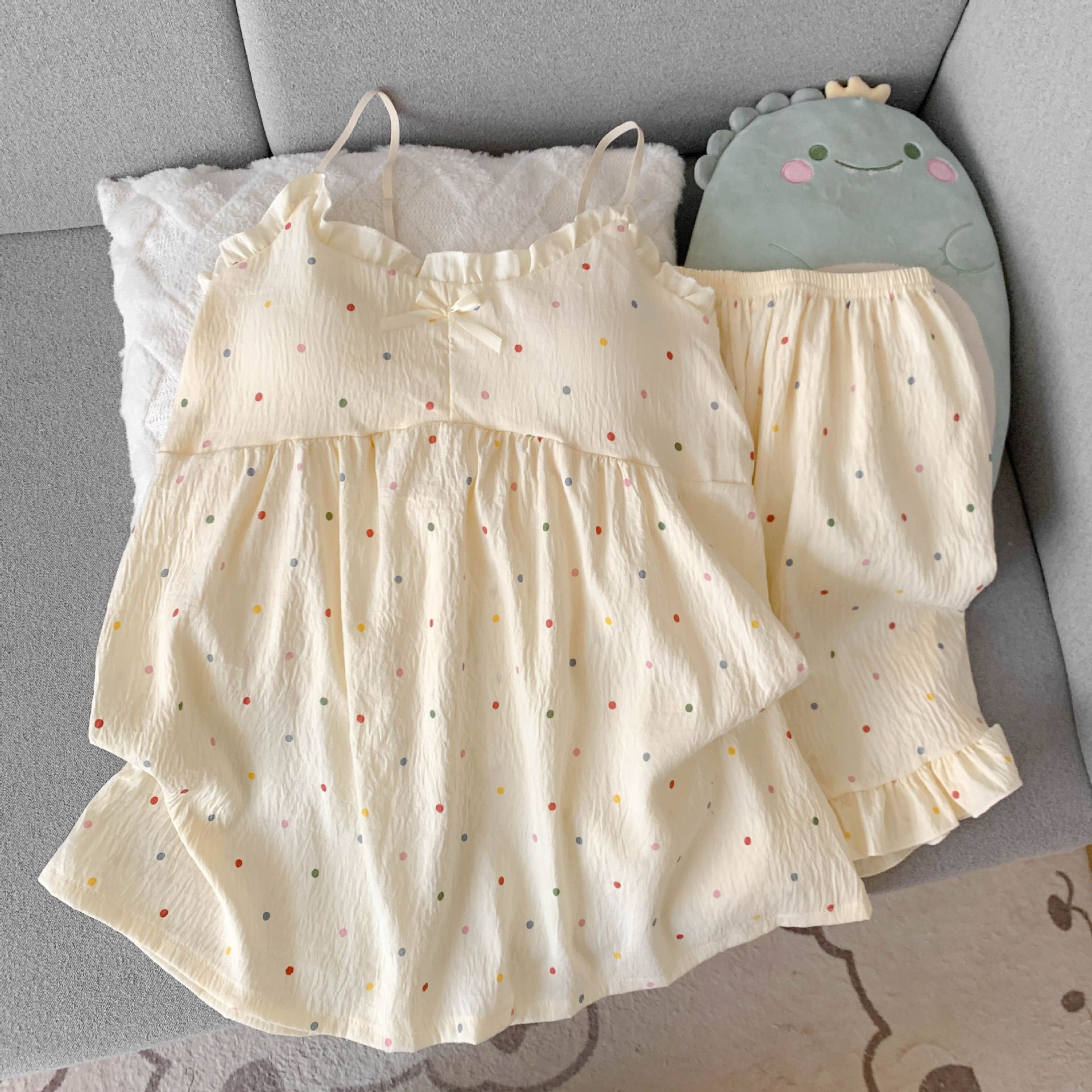 Venta al por mayor transfronteriza de algodón de nube de verano de gran tamaño gordos MM pijamas de cabestrillo para mujer con almohadilla para el pecho de dos piezas