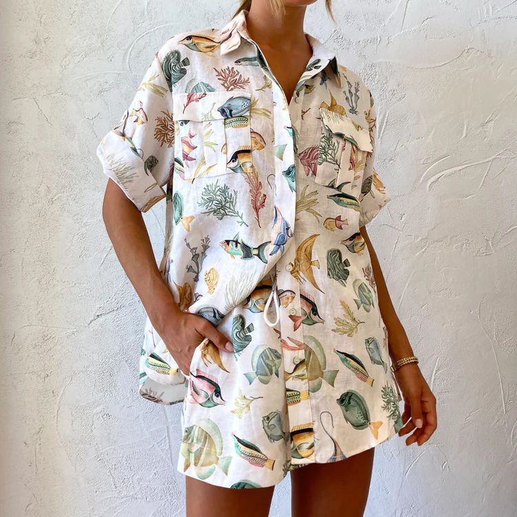 Europe and the United States cross-border 2023 Independent station AliExpress fashion personalized fish printing short sleeve vacation style leisure tether set